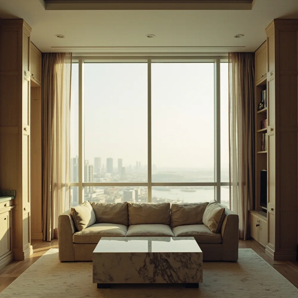 صالة فاخرة على الطراز الفرنسي في شقة دوحة Apartment AR مع كنبة كتان على خشب زان