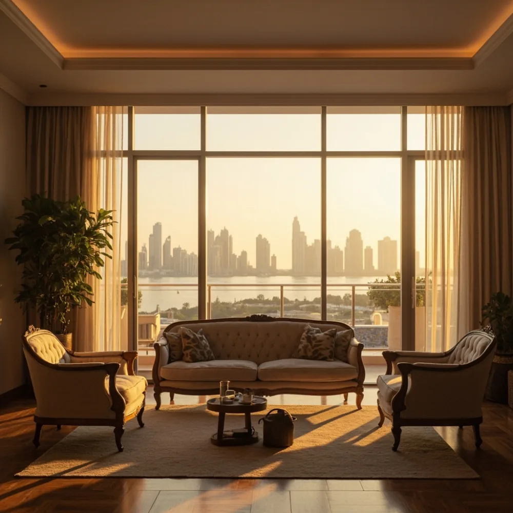 صالة شقة الدوحة Apartment AR بكنبة سنديان فرنسي وإطلالة الكورنيش الذهبية