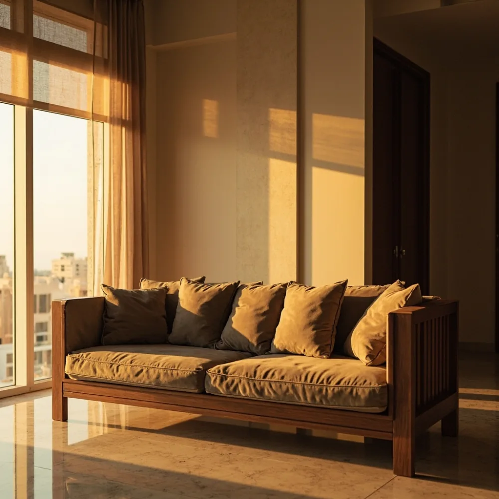 صالة شقة الدوحة Apartment AR مع كنبة خشب الساج الصلب ومفروشات Velvet دافئة على أرضية رخامية